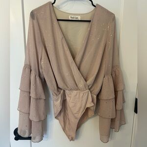 Peach Love California Sparkle Nude Ruffle-Sleeve Surplice Bodysuit
